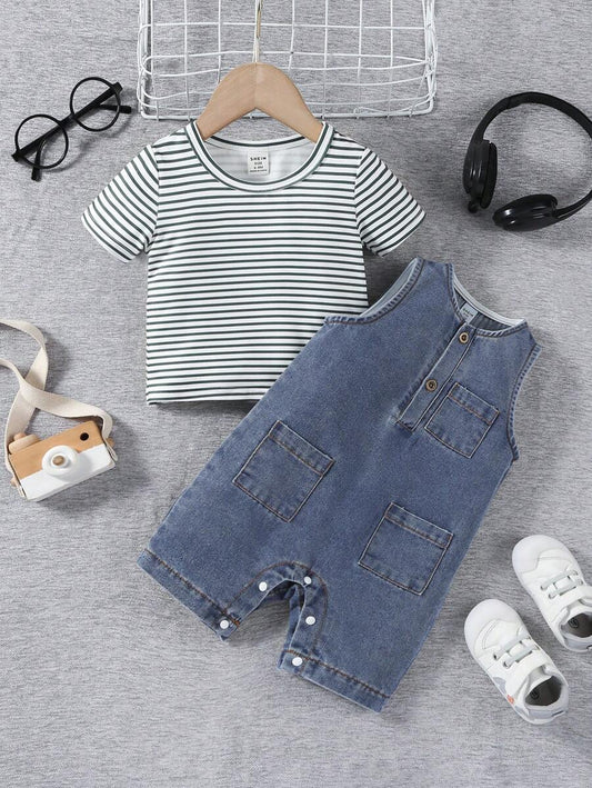Baby Boys' Cute Striped Round Neck Short Sleeve T-Shirt & Loose Washed Denim Snap Crotch Overalls Blue