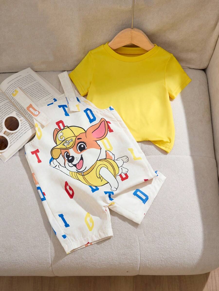 Baby Boy Cute Puppy Pattern Print Bib Overalls Set With Blue T-Shirt Yellow
