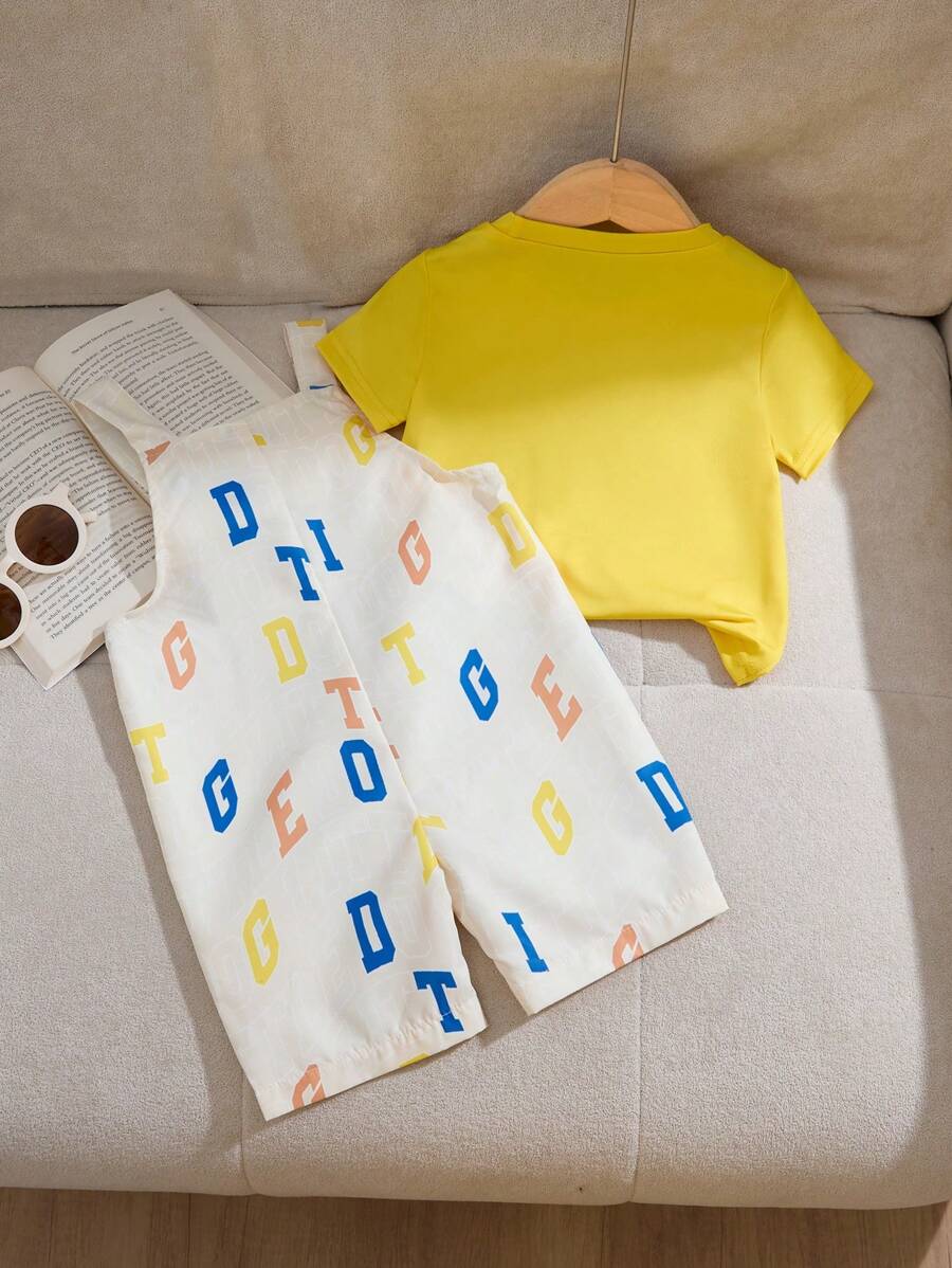 Baby Boy Cute Puppy Pattern Print Bib Overalls Set With Blue T-Shirt
