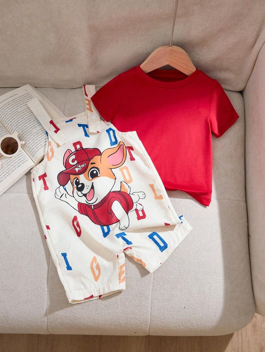 Baby Boy Cute Puppy Pattern Print Bib Overalls Set With Blue T-Shirt Red