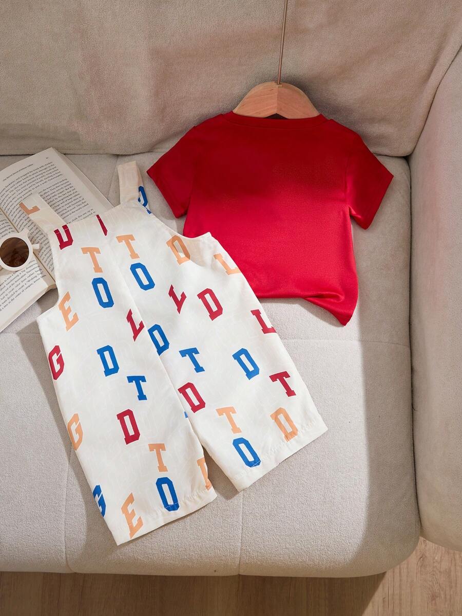 Baby Boy Cute Puppy Pattern Print Bib Overalls Set With Blue T-Shirt