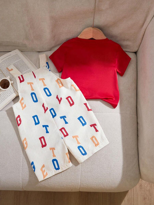 Baby Boy Cute Puppy Pattern Print Bib Overalls Set With Blue T-Shirt