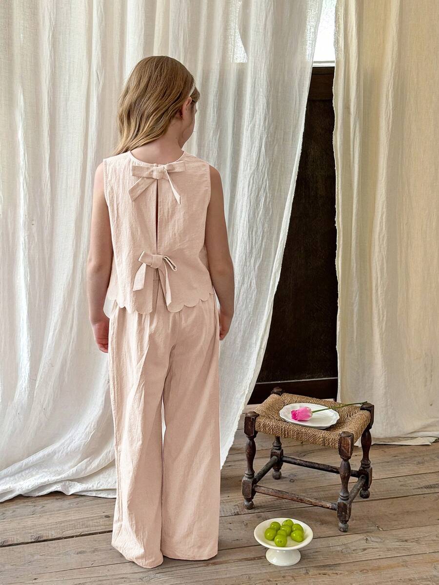 Tween Girls Plain Round Neck Casual Shirt And Loose Woven Wide Leg Pants Apricot