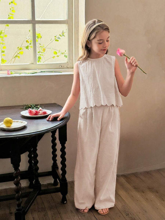 Tween Girls Plain Round Neck Casual Shirt And Loose Woven Wide Leg Pants