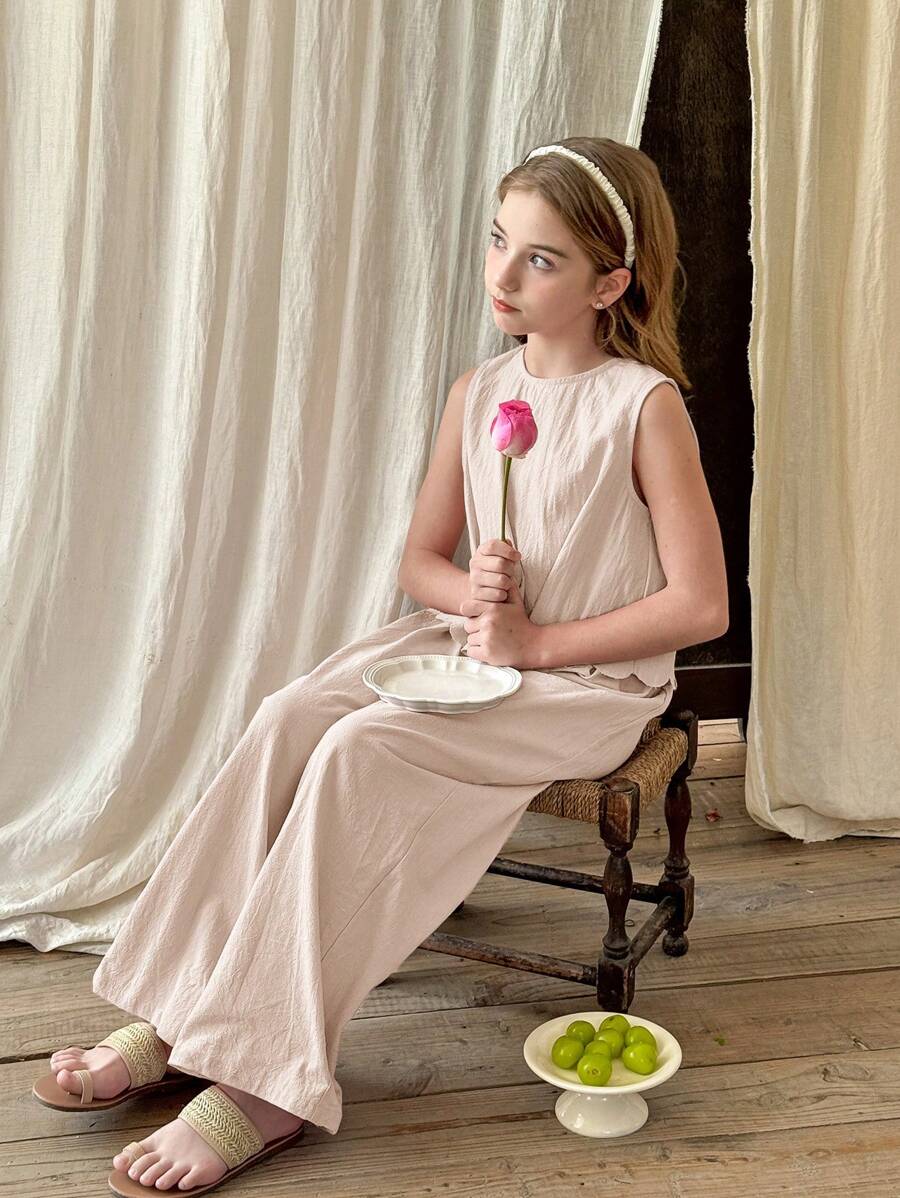 Tween Girls Plain Round Neck Casual Shirt And Loose Woven Wide Leg Pants