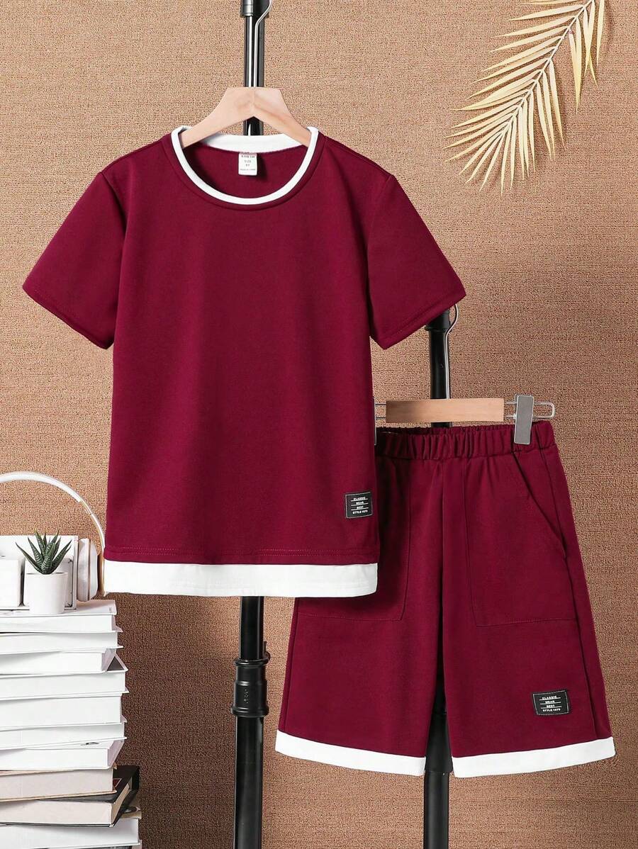 Tween Boy Letter Patched Detail 2 In 1 Tee & Shorts Red