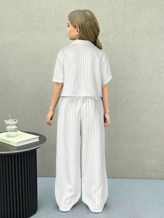 Tween Girls Woven Solid Color Lapel Neck Short Sleeve Jacket And Straight-Leg Pants