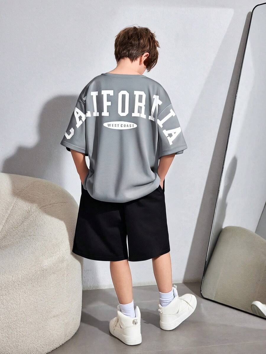 Tween Boys' Casual Versatile Comfortable Street Style Letter Print Loose Fit Short Sleeve Knit T-Shirt And Shorts Grey