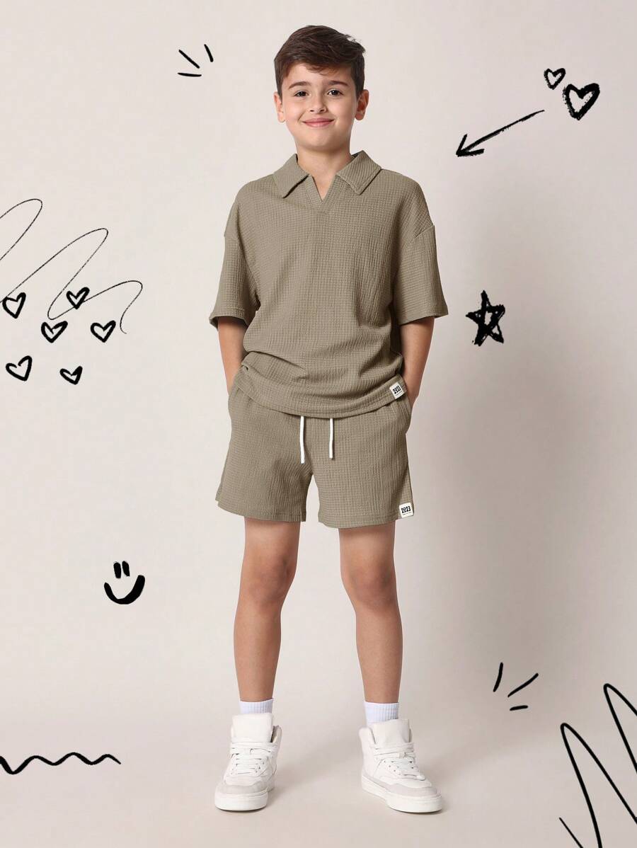 Tween Boys Comfy Regular Fit Textured Short Sleeve Polo Shirt And Short Mocha Brown 2