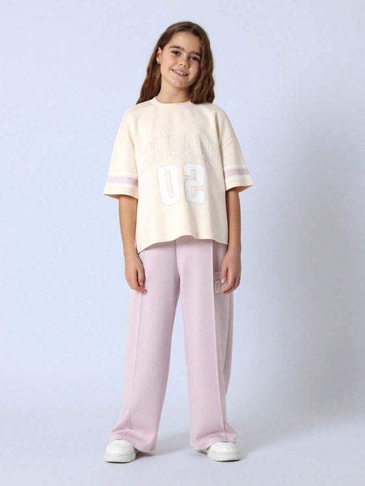 Tween Girls Comfy Elbow Sleeve Chicago Graphic Print Tee And Pink Sweatpants With Pleats Mauve Purple