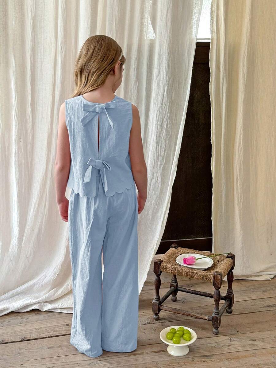Tween Girls Plain Round Neck Casual Shirt And Loose Woven Wide Leg Pants Baby Blue