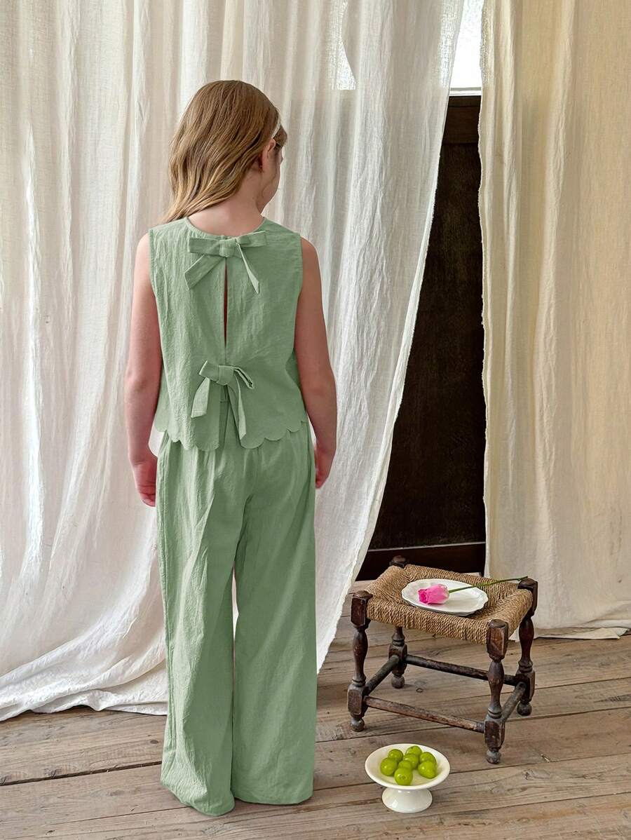 Tween Girls Plain Round Neck Casual Shirt And Loose Woven Wide Leg Pants Mint green