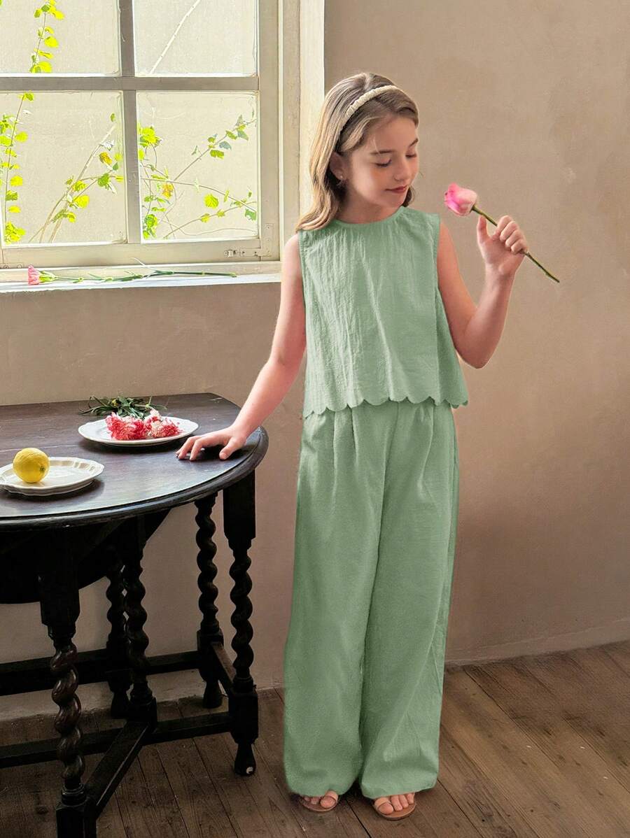Tween Girls Plain Round Neck Casual Shirt And Loose Woven Wide Leg Pants