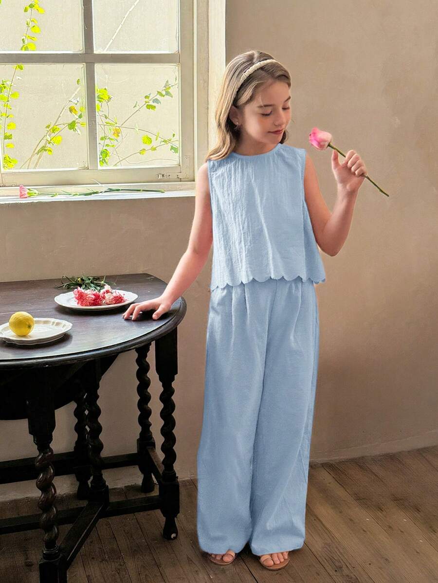 Tween Girls Plain Round Neck Casual Shirt And Loose Woven Wide Leg Pants