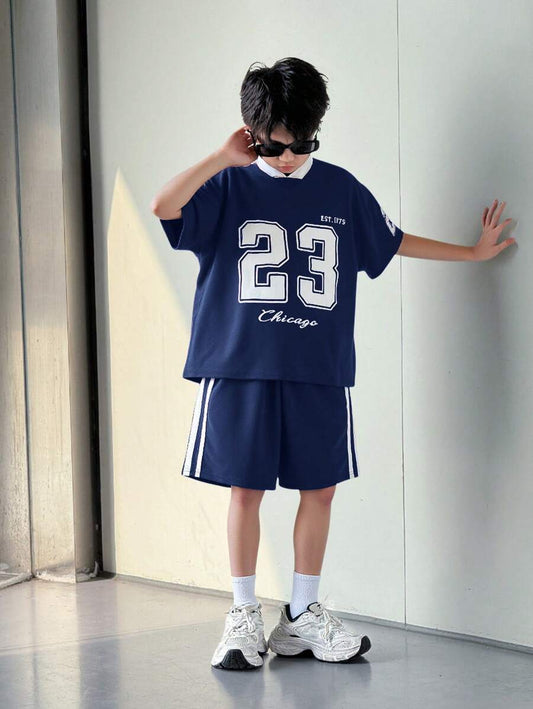 Tween Boys' Loose Fit Sports Short Sleeve & Shorts Set Navy Blue