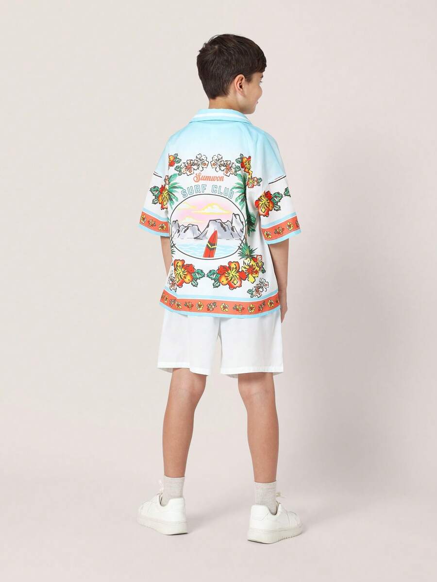 Tween Boys Comfy Regular Fit Printed Resort Short Sleeve Shirt And Short Blue