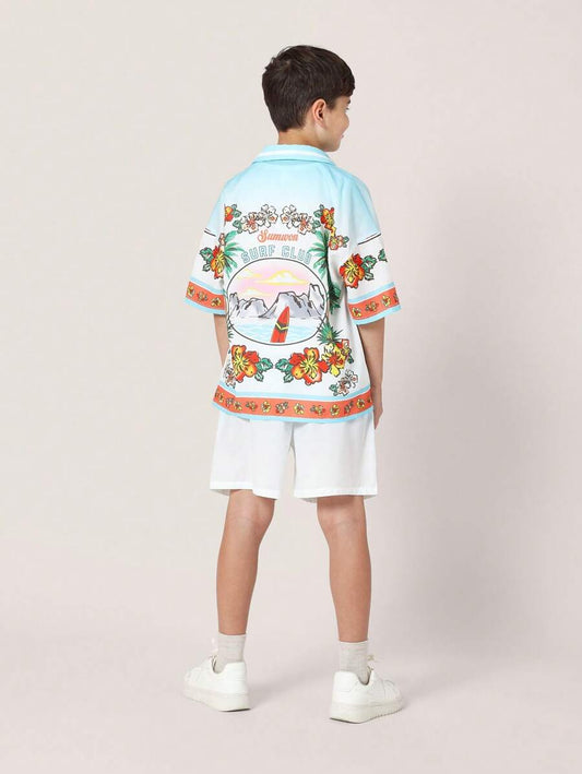 Tween Boys Comfy Regular Fit Printed Resort Short Sleeve Shirt And Short Blue
