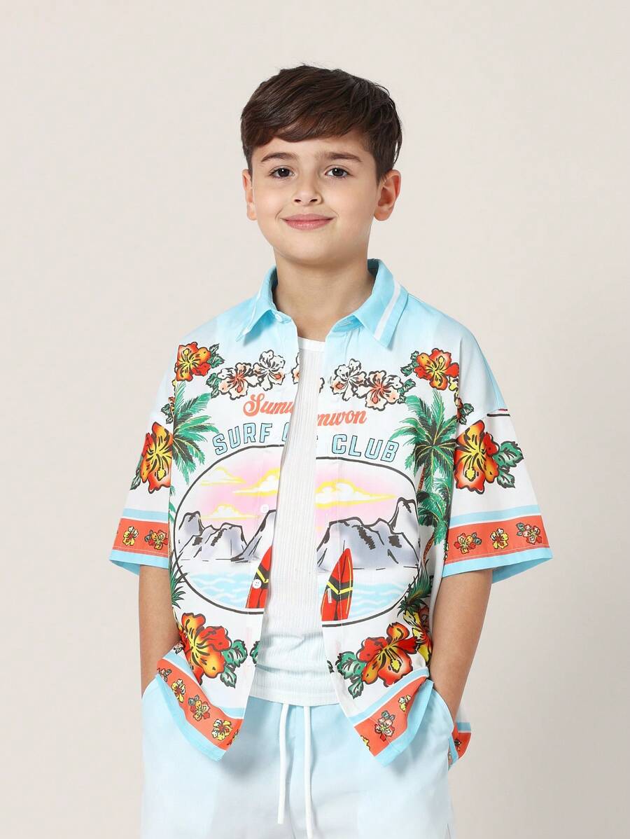 Tween Boys Comfy Regular Fit Printed Resort Short Sleeve Shirt And Short