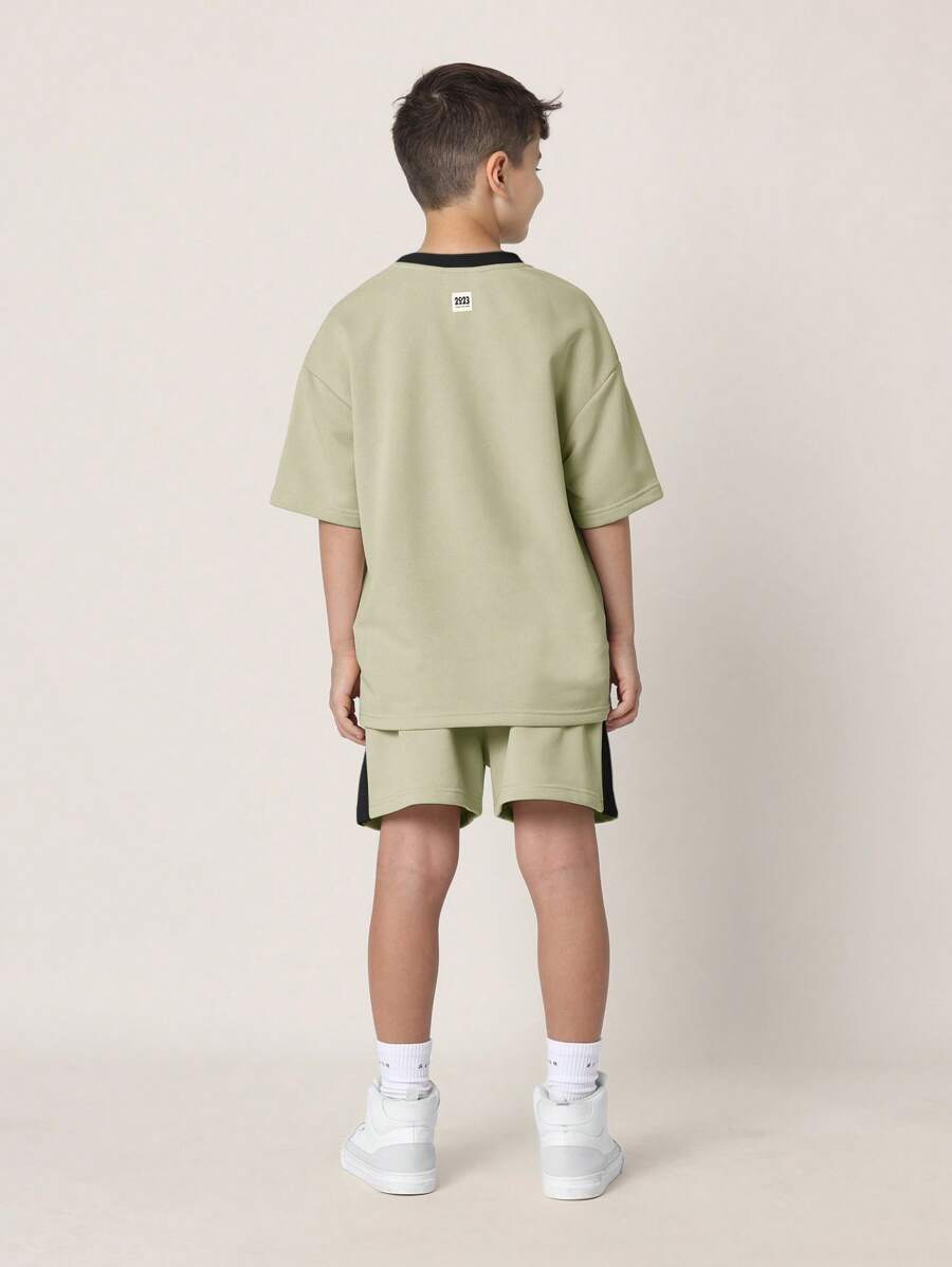 Tween Boys Comfy Regular Fit Colour Blocked Textured Panel Short Sleeve Tee And Short