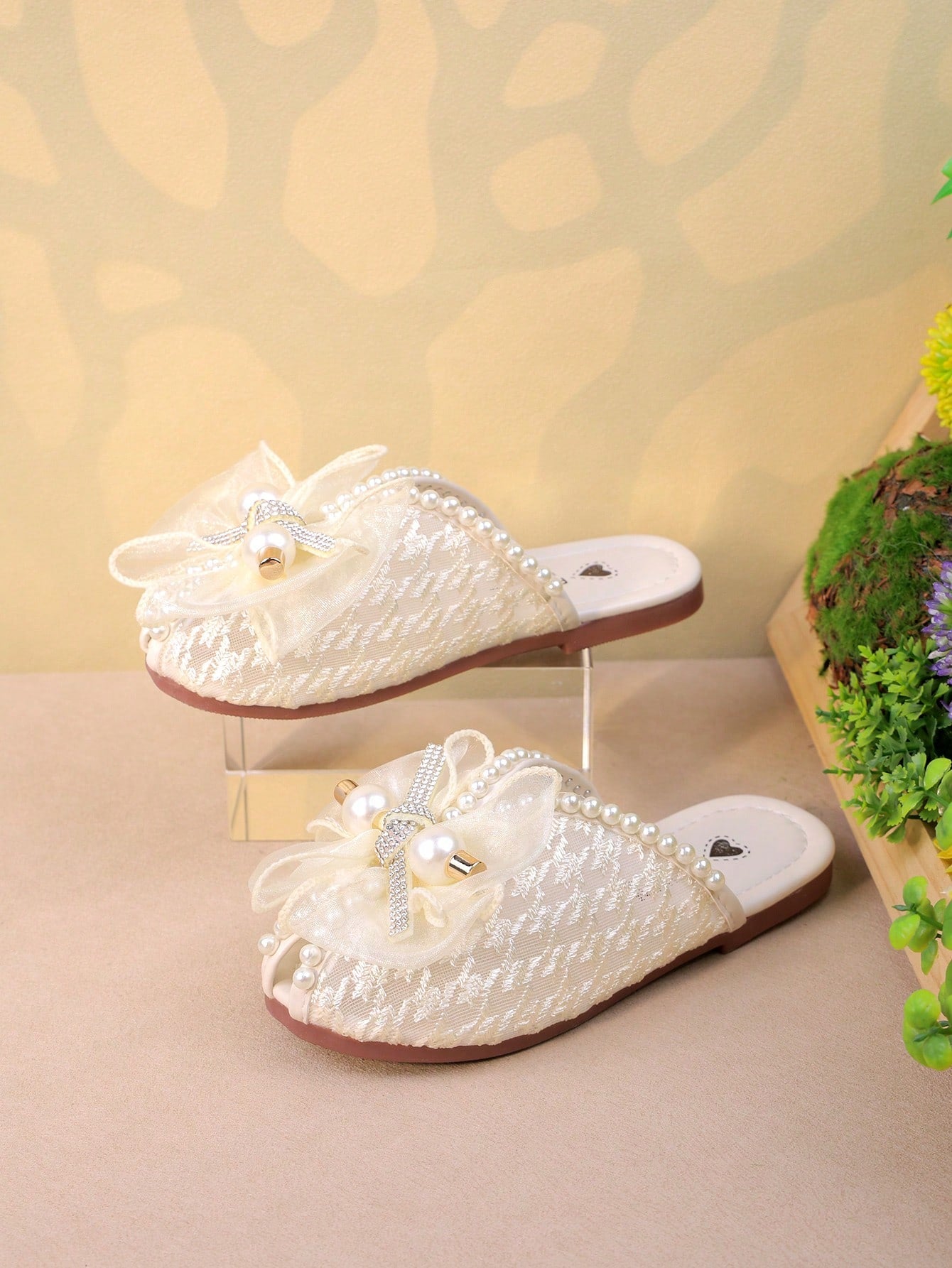 Girls Lace Breathable Open-Toe Sandals, Slip-On Children Half Slipper Beige