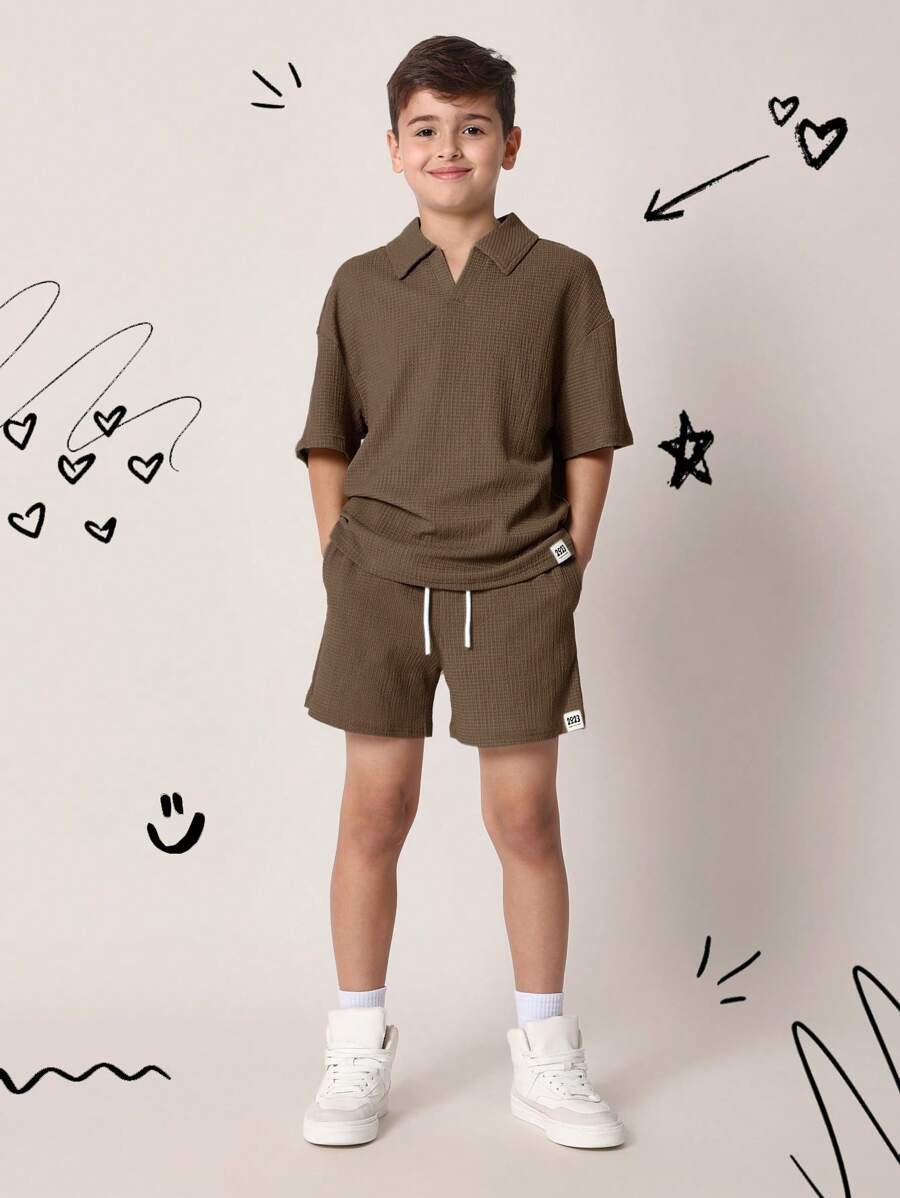 Tween Boys Comfy Regular Fit Textured Short Sleeve Polo Shirt And Short Mocha Brown