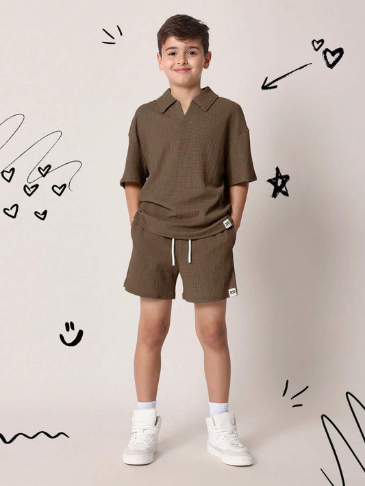 Tween Boys Comfy Regular Fit Textured Short Sleeve Polo Shirt And Short Mocha Brown