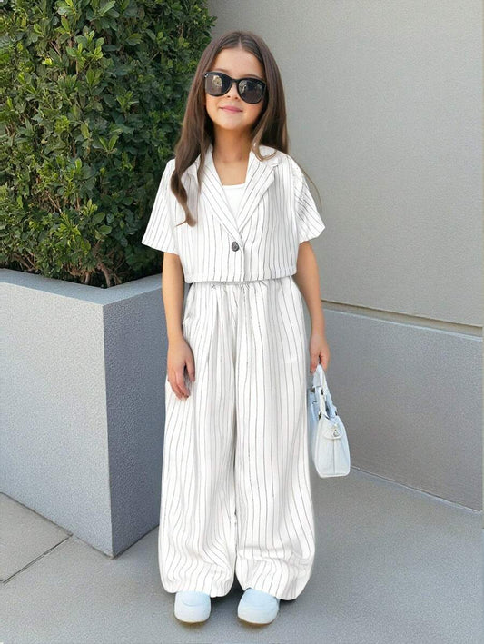 Tween Girls Woven Solid Color Lapel Neck Short Sleeve Jacket And Straight-Leg Pants White