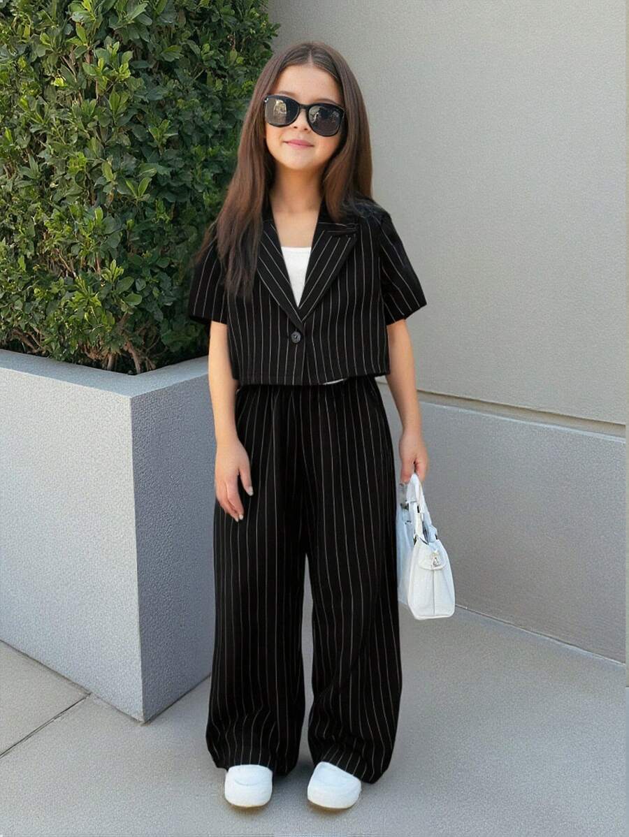 Tween Girls Woven Solid Color Lapel Neck Short Sleeve Jacket And Straight-Leg Pants Black