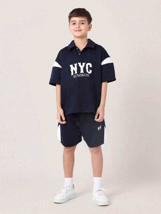 Tween Boys Comfy Regular Fit Colour Block Panelled Short Sleeve Polo Top And Short Navy Blue