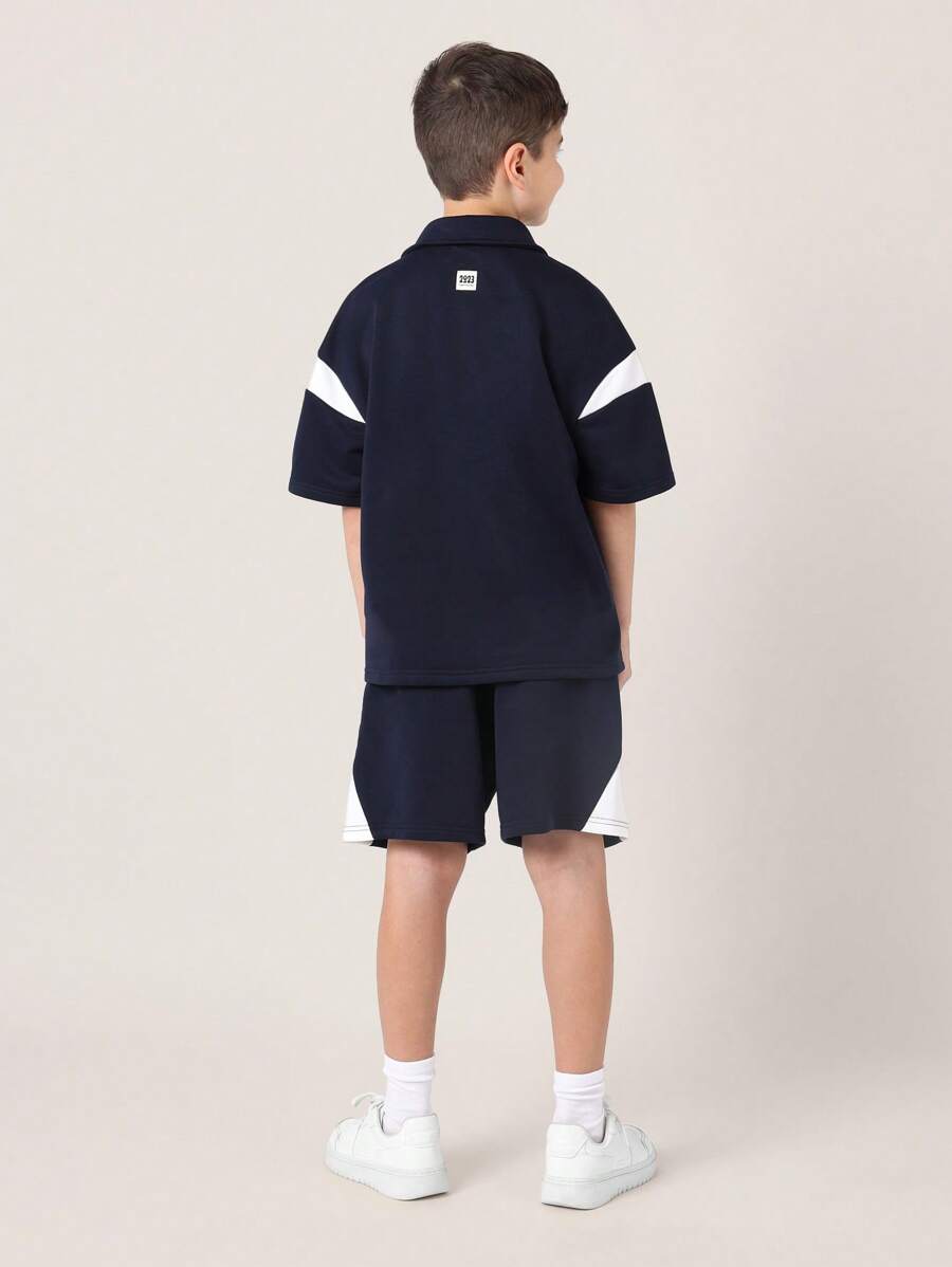 Tween Boys Comfy Regular Fit Colour Block Panelled Short Sleeve Polo Top And Short