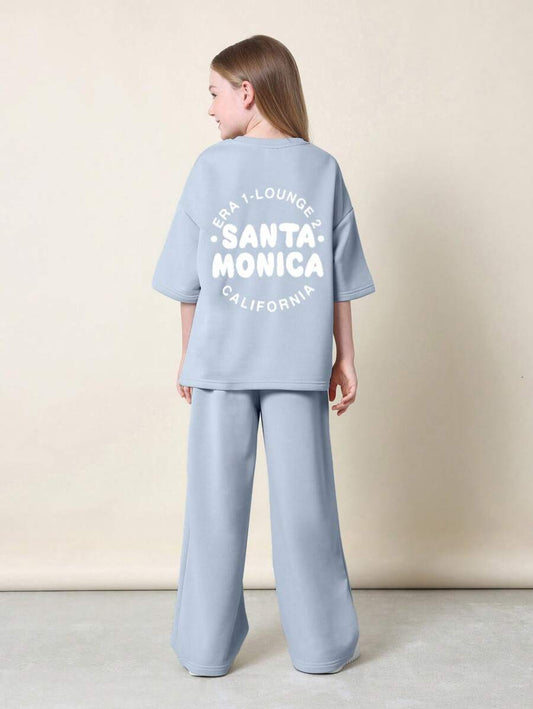 Tween Girls Comfy Oversized Fit Short Sleeve Tee And Straight Fit Pant Dusty Blue