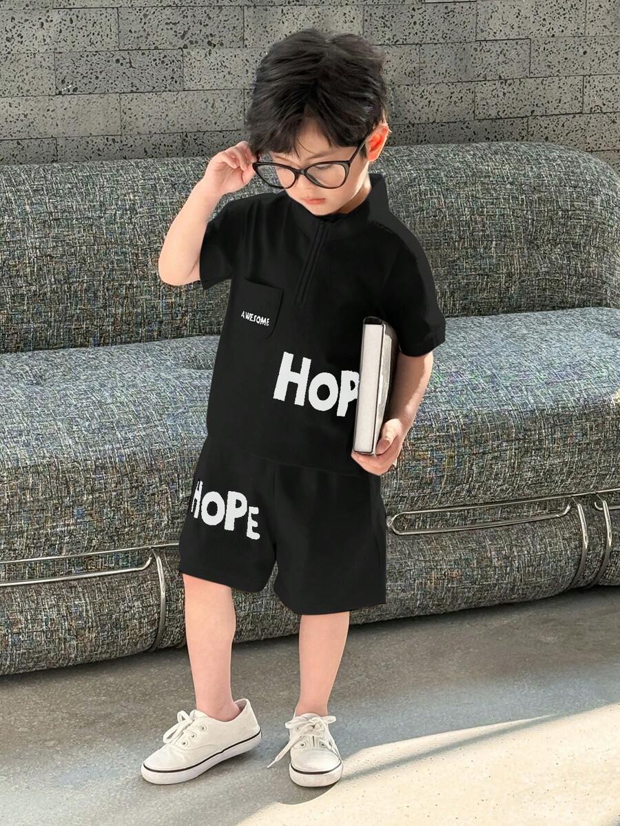 Young Boys Casual Letter Print Short Sleeve T-Shirt And Shorts Black