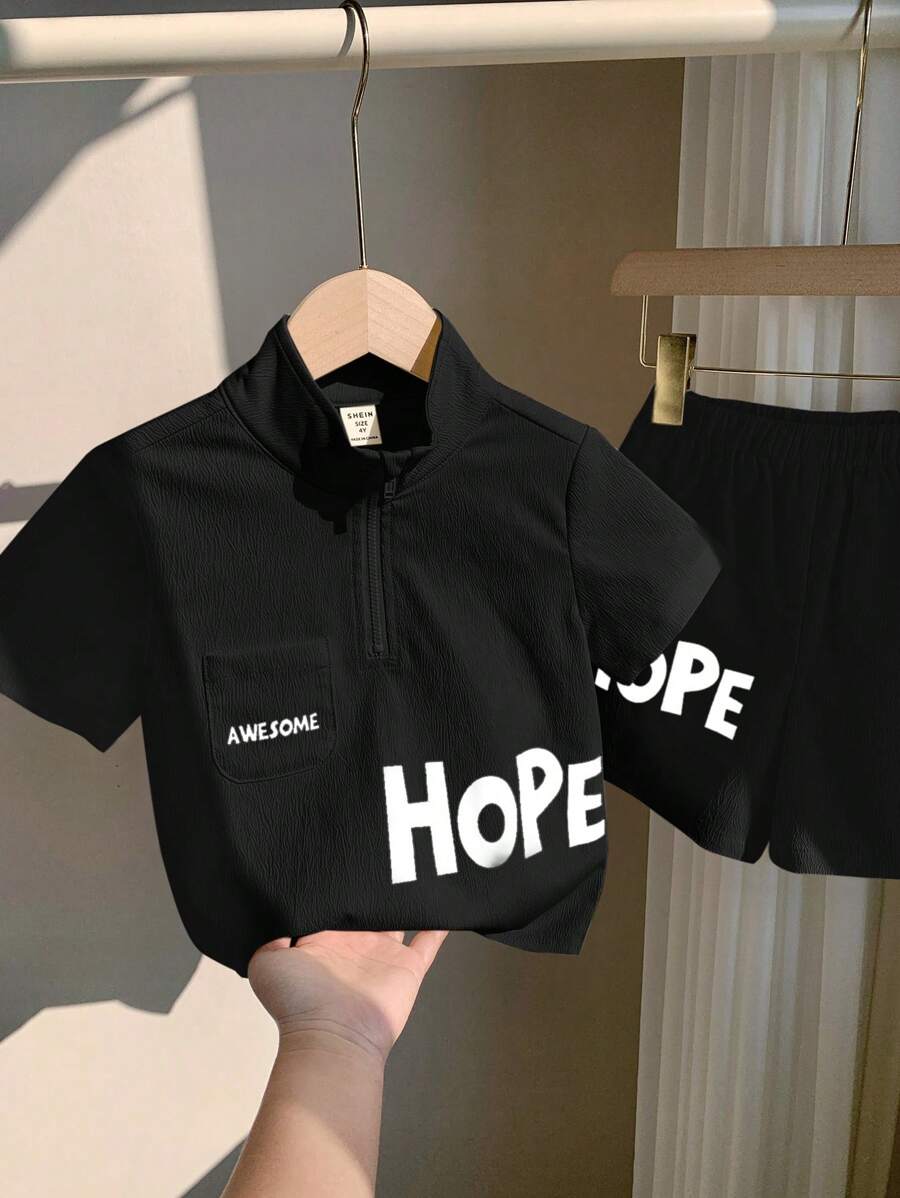 Young Boys Casual Letter Print Short Sleeve T-Shirt And Shorts