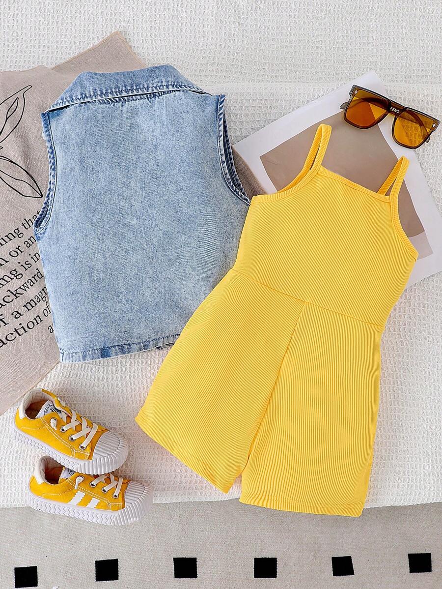 2pcs Young Girl Retro Denim Vest + Overalls Set