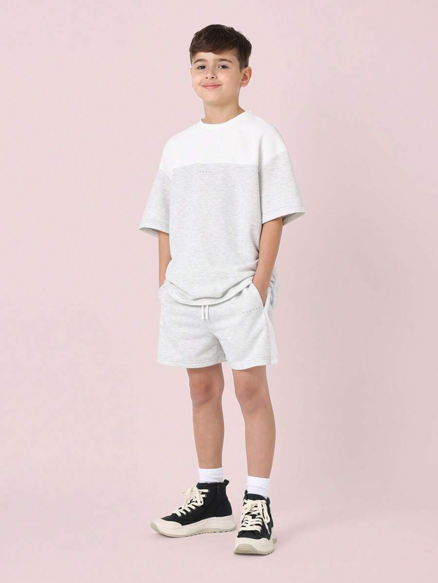 Tween Boys Comfy Regular Fit Colour Blocked Textured Panel Short Sleeve Tee And Short Light Grey