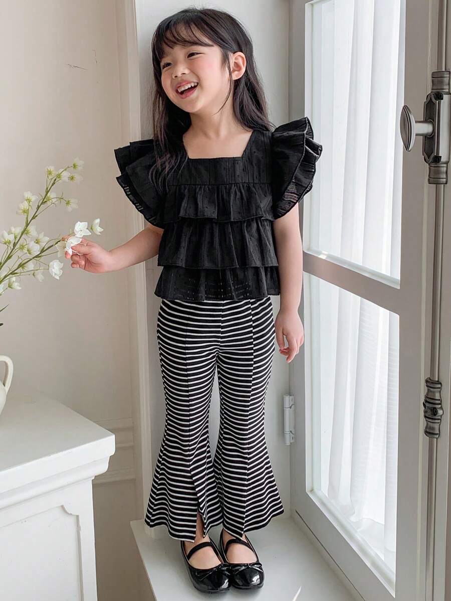 2pcs Young Girl Summer Outfit Set: Cute Square Collar Puff Short Sleeve Blouse + Knitted Striped Pants Black