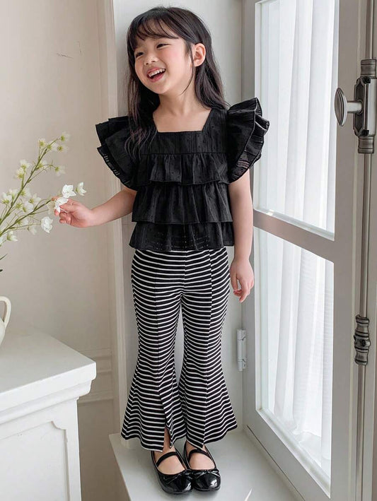 2pcs Young Girl Summer Outfit Set: Cute Square Collar Puff Short Sleeve Blouse + Knitted Striped Pants Black