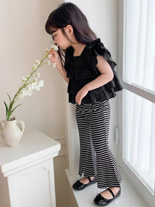 2pcs Young Girl Summer Outfit Set: Cute Square Collar Puff Short Sleeve Blouse + Knitted Striped Pants