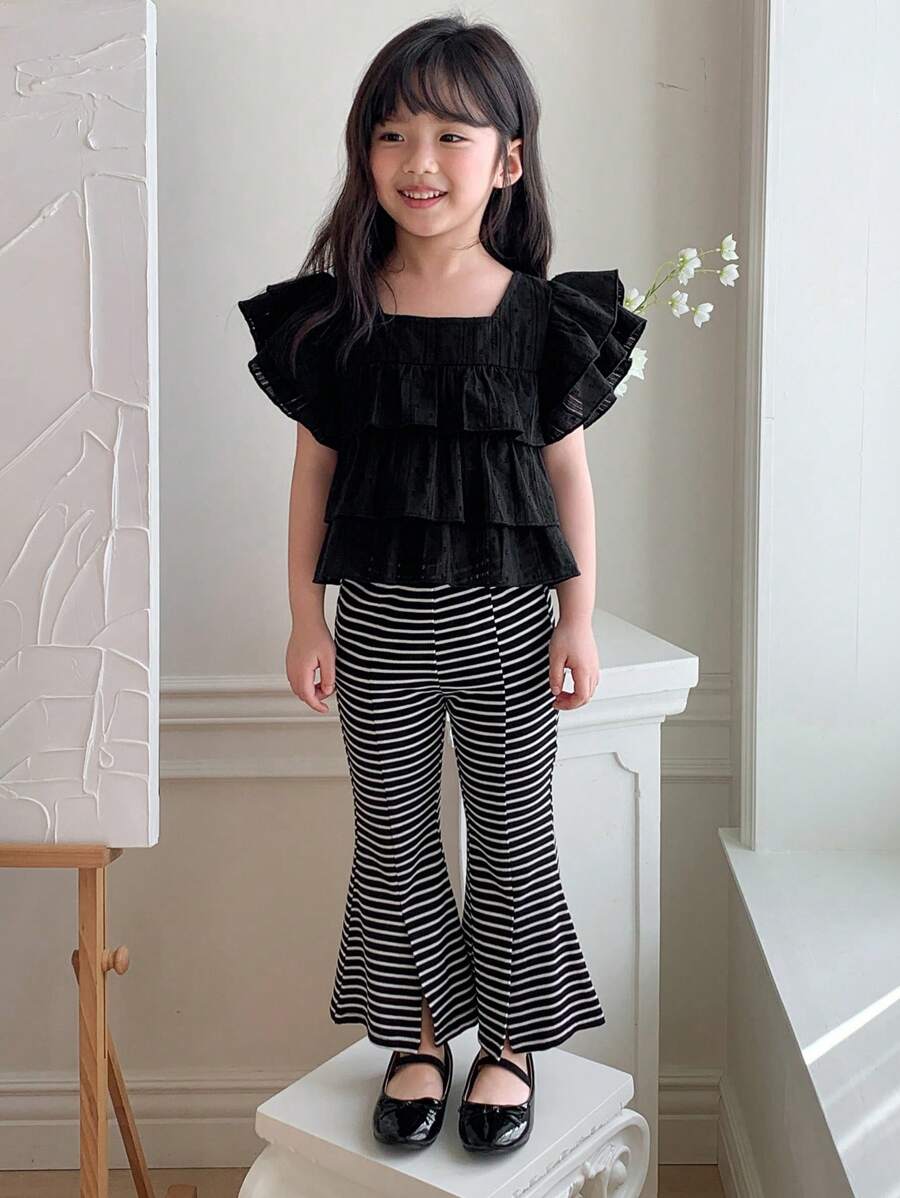 2pcs Young Girl Summer Outfit Set: Cute Square Collar Puff Short Sleeve Blouse + Knitted Striped Pants
