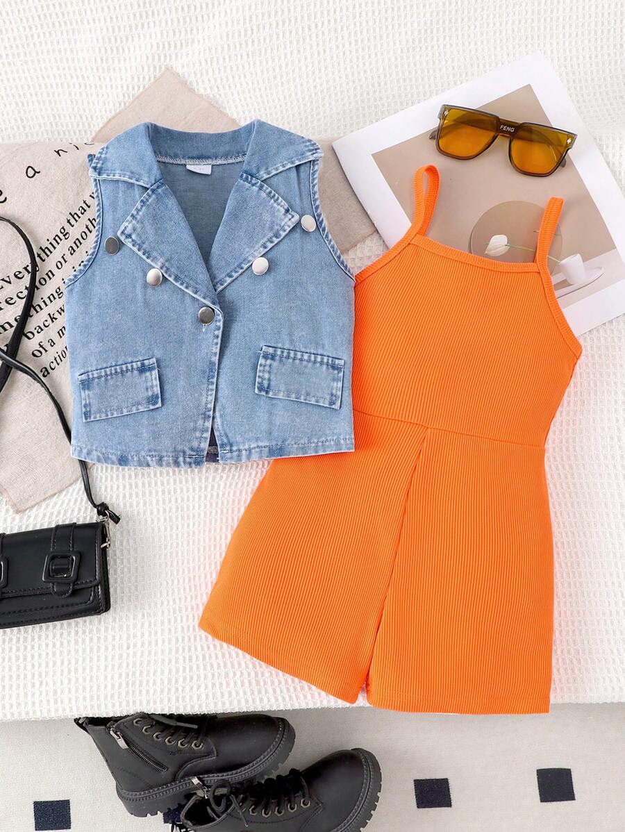2pcs Young Girl Retro Denim Vest + Overalls Set Orange