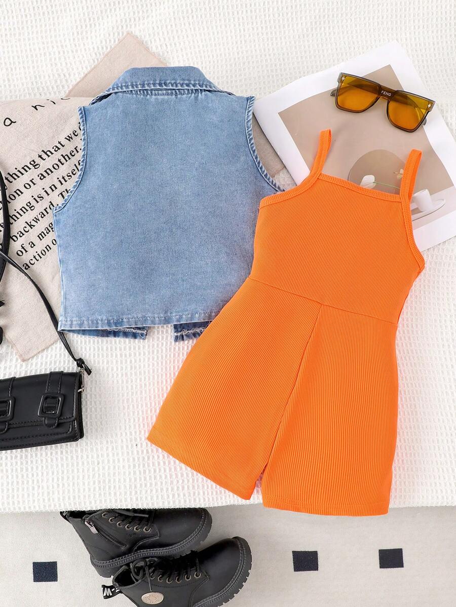 2pcs Young Girl Retro Denim Vest + Overalls Set