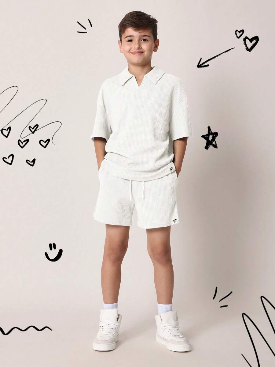 Tween Boys Comfy Regular Fit Textured Short Sleeve Polo Shirt And Short White