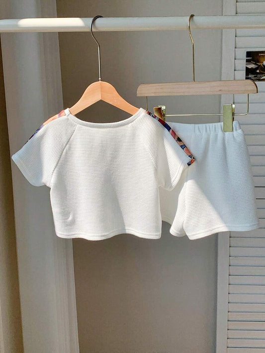 Baby Boy Cute Cartoon Bear Print Colorblock T-Shirt And Shorts Set
