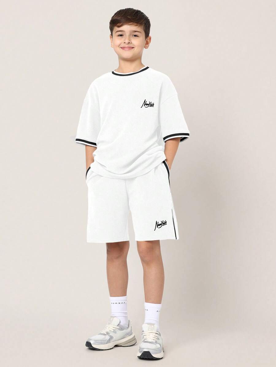 Tween Boys Comfy Oversized Fit Short Sleeve Tee And Short With Tape White