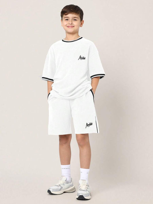Tween Boys Comfy Oversized Fit Short Sleeve Tee And Short With Tape White