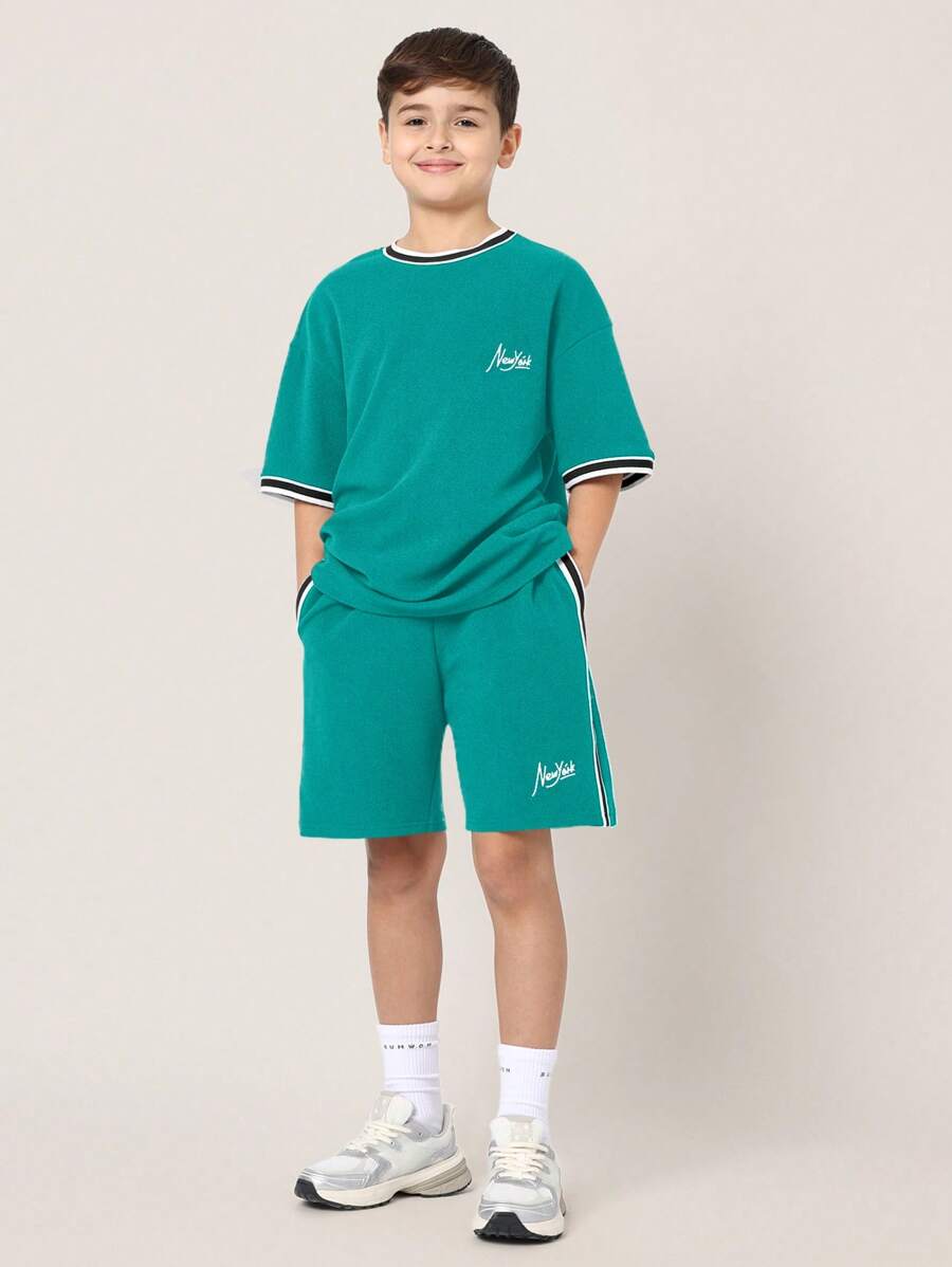Tween Boys Comfy Oversized Fit Short Sleeve Tee And Short With Tape Olive Green