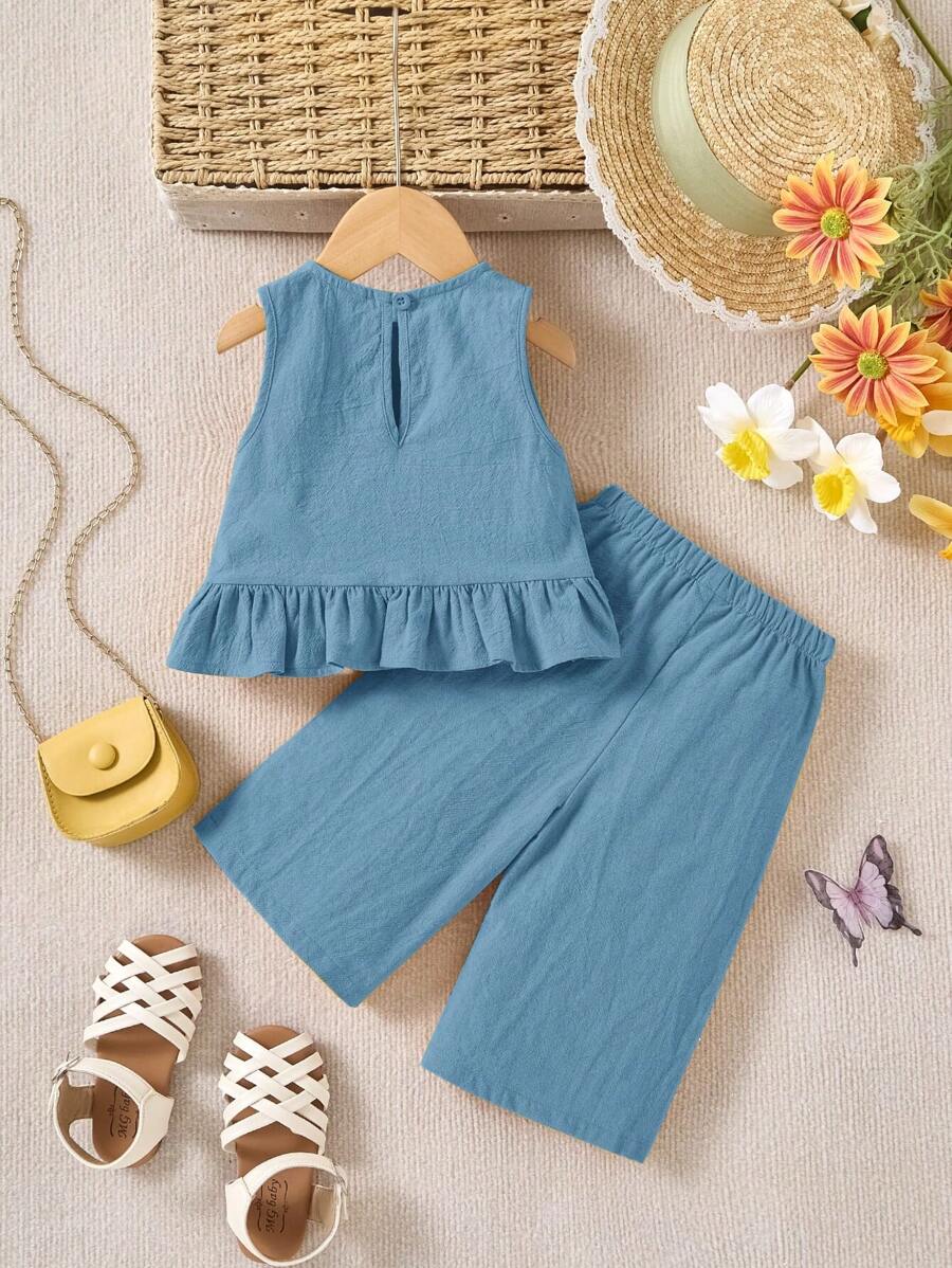 Baby Girl Cute Solid Color Ruffle Hem Camisole & Pants 2Pcs Suit