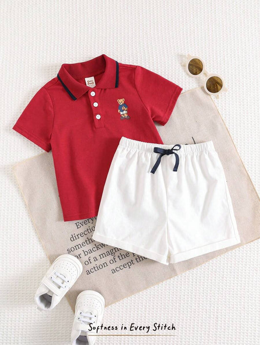 2pcs/Set Baby Boy Cartoon Print Soft Knit Polo Collar Snap Button Shirt And Elastic Waist Shorts Multicolor