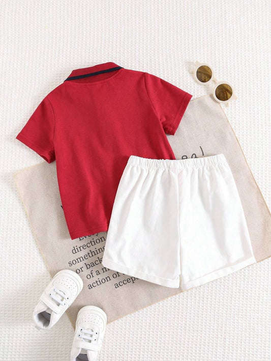 2pcs/Set Baby Boy Cartoon Print Soft Knit Polo Collar Snap Button Shirt And Elastic Waist Shorts
