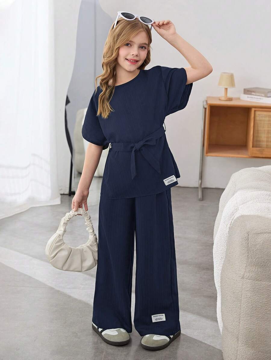Tween Girls Textured Loose Drop Shoulder Tie-Waist Letter Print Blouse And Wide Leg Pants Navy Blue